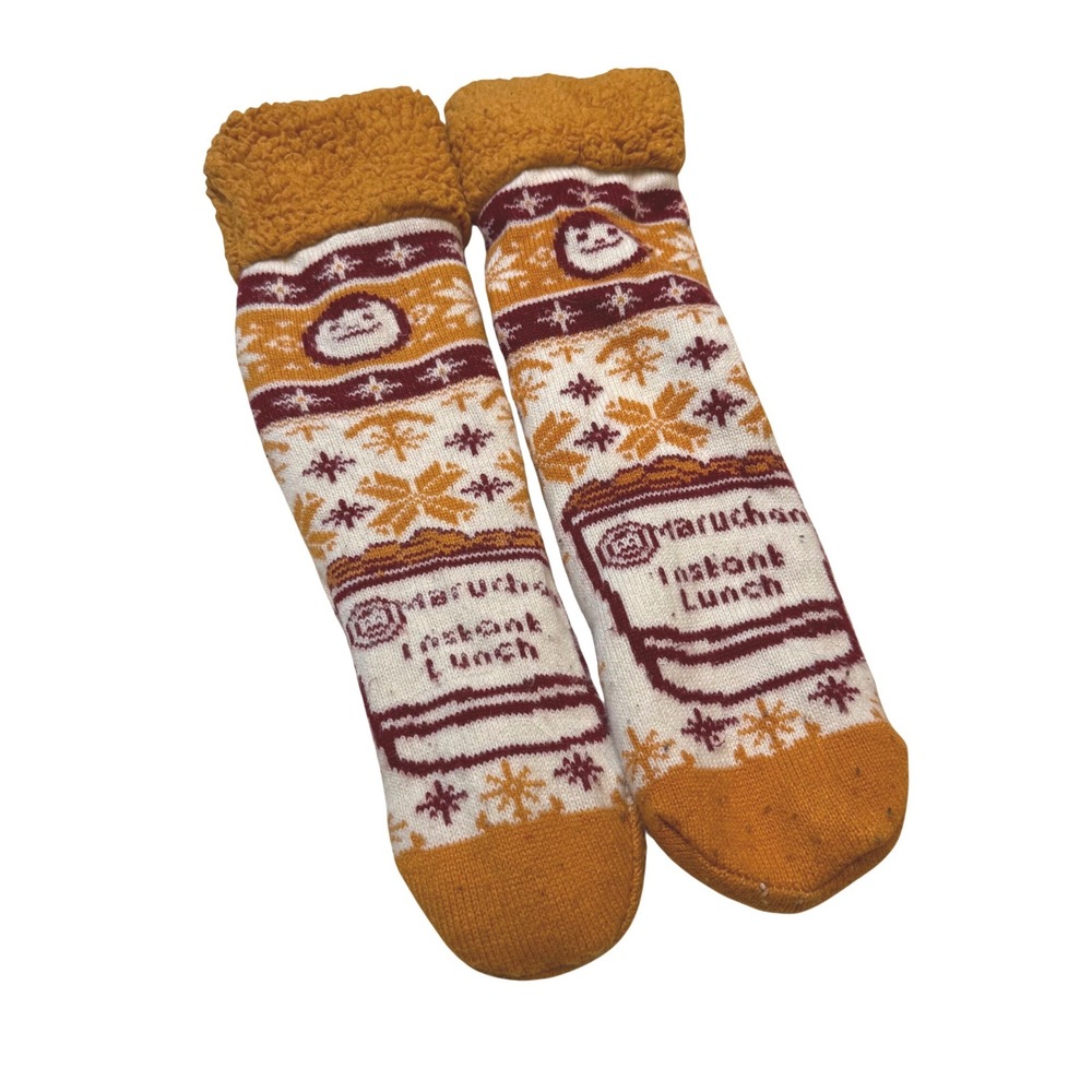Maruchan Instant Lunch Ramen Slipper Socks Orange Burgundy Sherpa Lined Non-Slip